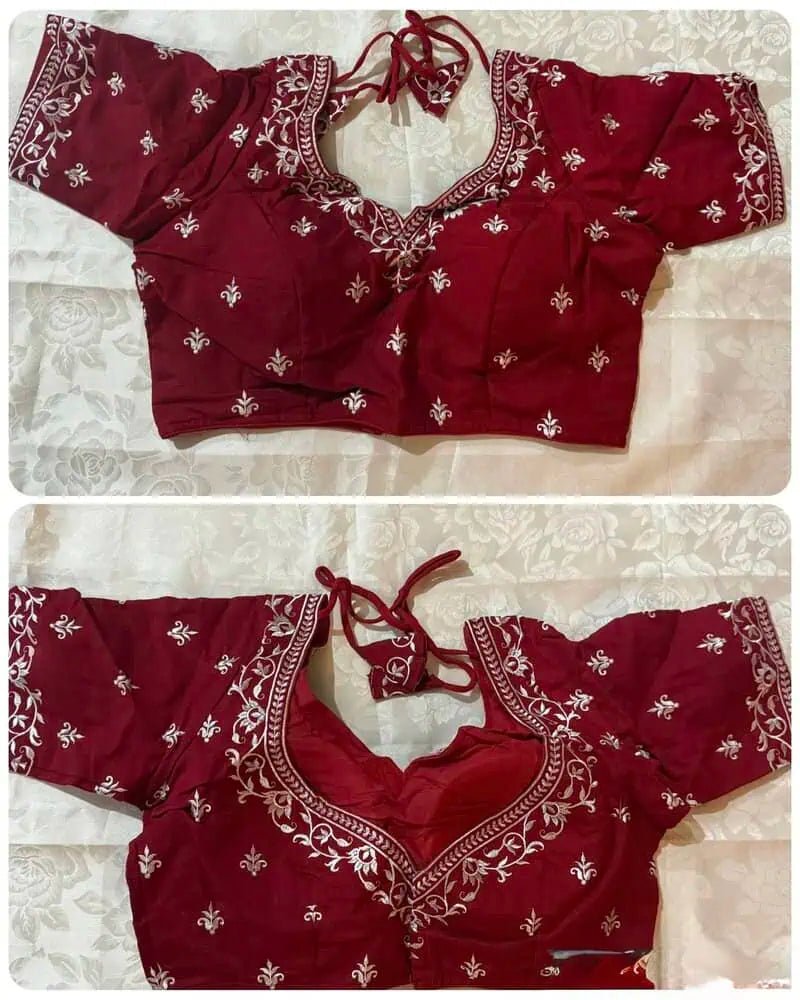 Blouse Silk Cotton Embroidered With Sleeve Festive Durga Pujo Maroon Bl0103 Blouse - Blouse - Aakritee - BL0103