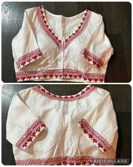 Blouse Silk Cotton Embroidered With Sleeve Festive Durga Pujo White Bl0104 Blouse - Blouse - Aakritee - BL0104