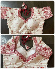 Blouse Silk Cotton Embroidered With Sleeve Festive Durga Pujo White Bl0106 Blouse - Blouse - Aakritee - BL0106