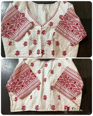 Blouse Silk Cotton Embroidered With Sleeve Festive Durga Pujo White Bl0107 Blouse - Blouse - Aakritee - BL0107