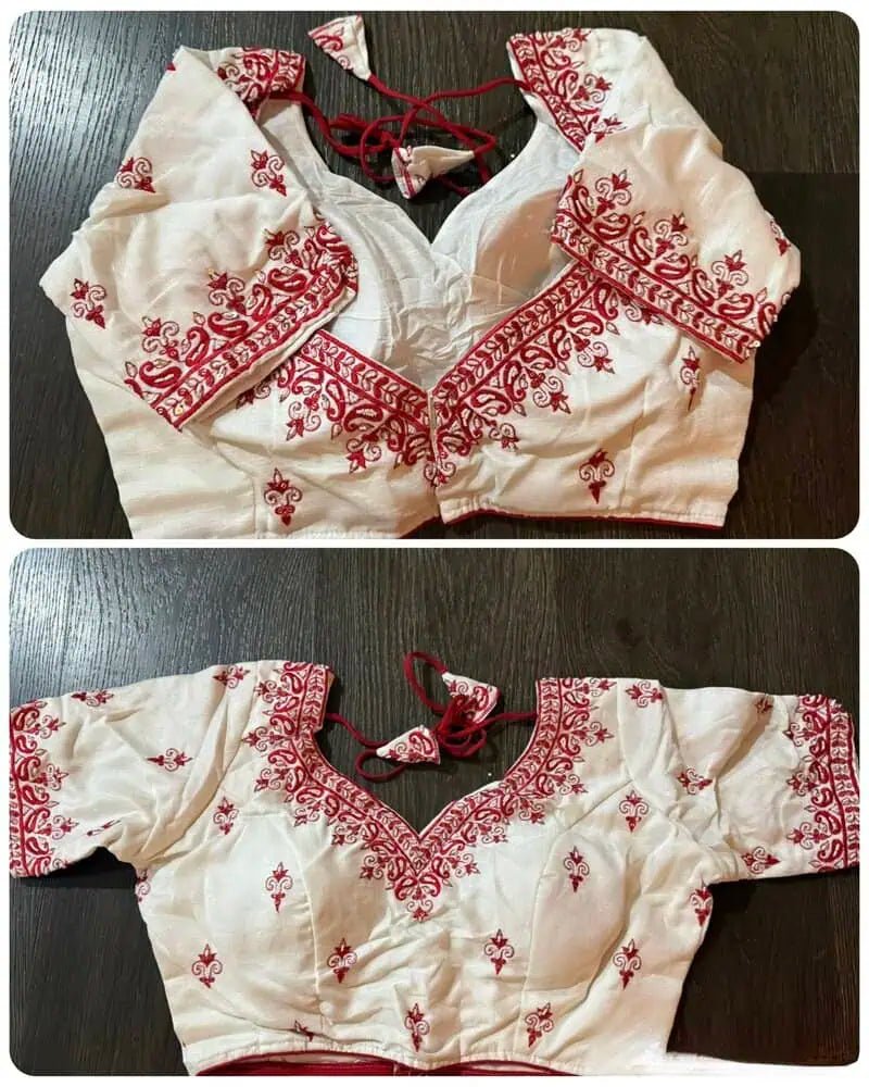 Blouse Silk Cotton Embroidered With Sleeve Festive Durga Pujo White Bl0109 Blouse - Blouse - Aakritee - BL0109
