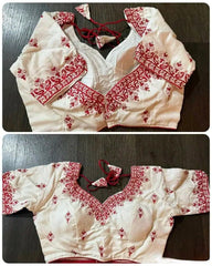 Blouse Silk Cotton Embroidered With Sleeve Festive Durga Pujo White Bl0109 Blouse - Blouse - Aakritee - BL0109