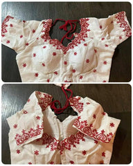 Blouse Silk Cotton Embroidered With Sleeve Festive Durga Pujo White Bl0110 Blouse - Blouse - Aakritee - BL0110