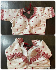 Blouse Silk Cotton Embroidered With Sleeve Festive Durga Pujo White Bl0111 Blouse - Blouse - Aakritee - BL0111
