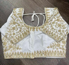 Blouse Silk+With Sleeve Gotapatti Embroidery+Festive Traditional Durga Pujo Diwali White Bl0142 Blouse - Blouse - Aakritee - BL0142
