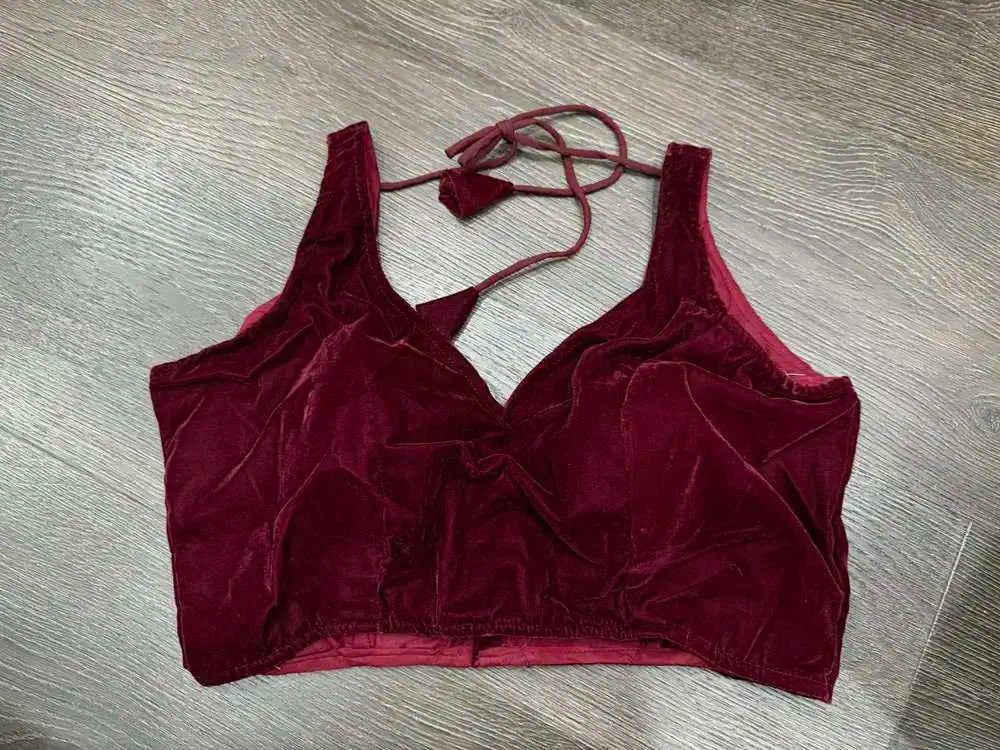 Blouse Sleeveless Velvet Festive Party Wear Durga Pujo Diwali Maroon Bl0135 Blouse - Blouse - Aakritee - BL0135