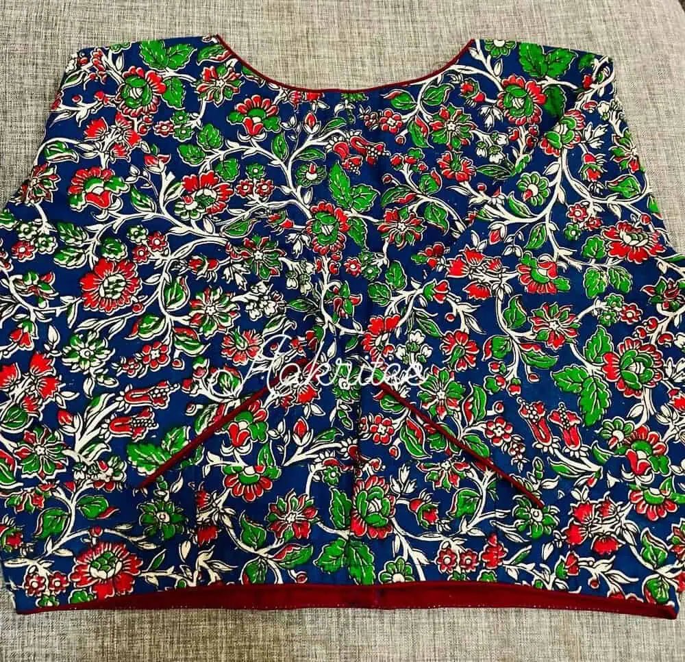 Blue Cotton Kalamkari Blouse with Sleeves - BL0019 - Blouse - Aakritee - BL0019