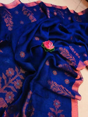 Blue Linen Jamdani Saree, Festive - S10373 - Saree - Aakritee - S10373