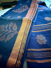 Blue Linen Jamdani Saree, Festive - S10373 - Saree - Aakritee - S10373