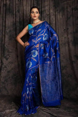 Blue Matka Saree - Saree Matka Jamdani Blue Floral Festive Pujo Edit S11081 - Saree - Aakritee - S11081