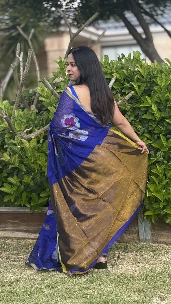 Blue Matka Saree - Saree Matka Jamdani Blue Floral Festive Pujo Edit S11081 - Saree - Aakritee - S11081