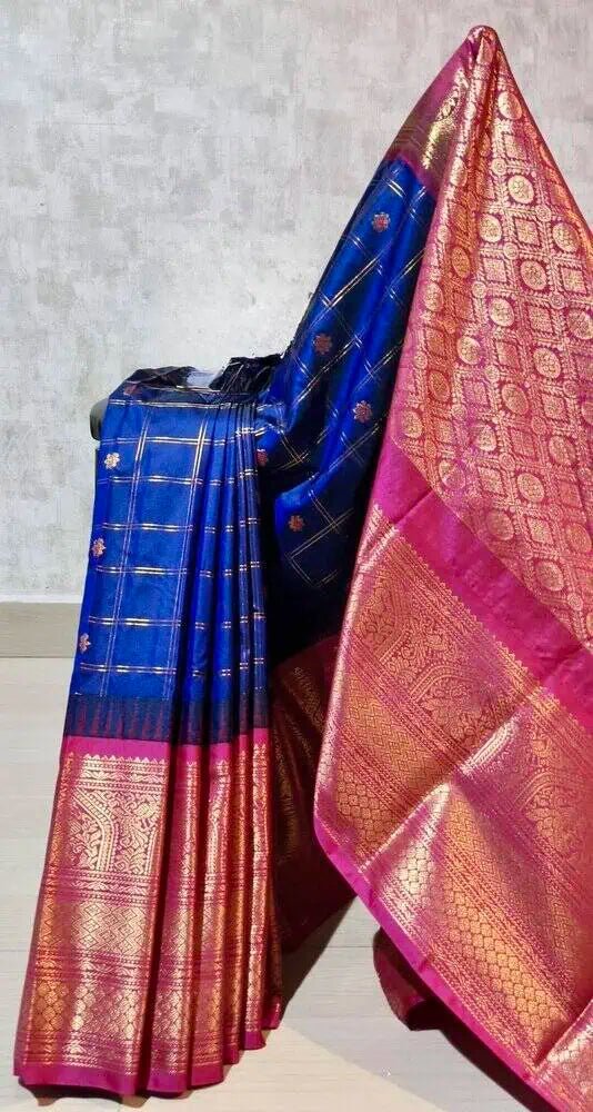 Blue Silk Saree - Semi Gadwal Silk Festive Traditional Royal Blue S11056 - Saree - Aakritee - S11056