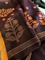 Brown Linen Jamdani Saree, Festive - S10372 - Saree - Aakritee - S10372