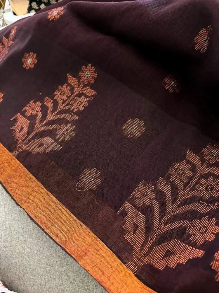 Brown Linen Jamdani Saree, Festive - S10372 - Saree - Aakritee - S10372