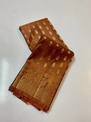 Brown Silk Saree - Saree Pure Handloom Kanchipuram Silk Brown Festive Pujo Edit Diwali S11124 - Saree - Aakritee - S11124