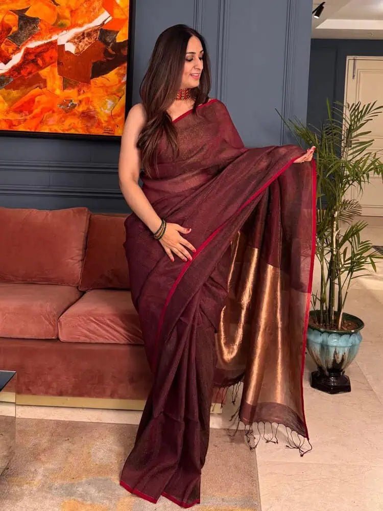 Brown Tissue Saree - Saree Tissue Linen Brown Festive Pujo Edit S11086 - Saree - Aakritee - S11086