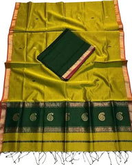 Casual Lemon Green Silk - Cotton Saree with Dark Green Work - Saree - Aakritee - S10599