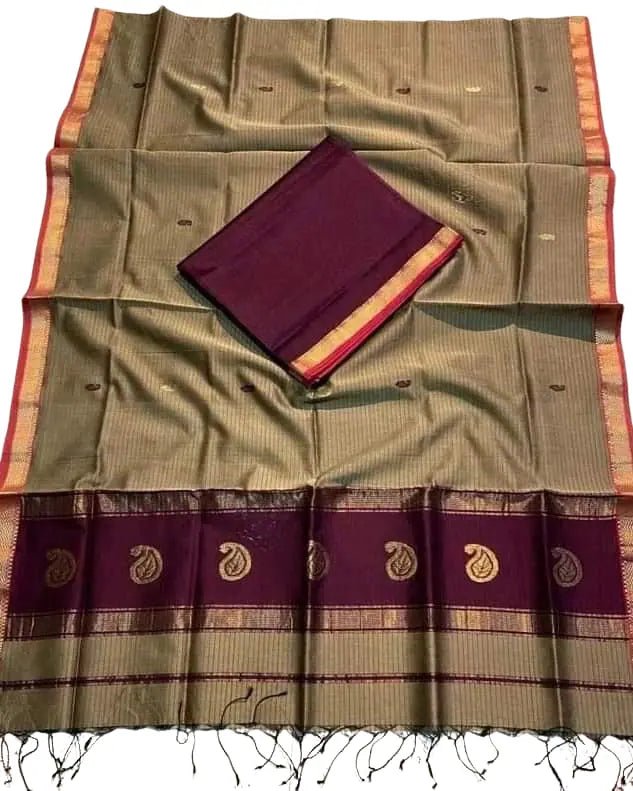 Casual Taupe Silk - Cotton Saree with Dark Purple Work - Saree - Aakritee - S10598