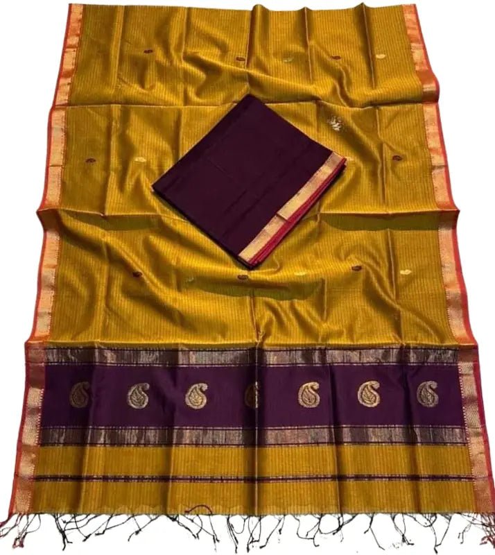 Casual Yellow Silk - Cotton Saree with Dark Purple Work - Saree - Aakritee - S10597