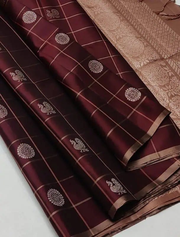 Chocolate Brown Double Warp Soft Silk Saree - Saree - Aakritee - S10634