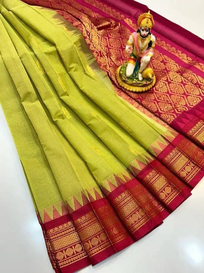 Cotton Gadwal Greenish Yellow Saree, Festive with Red - Saree - Aakritee - S10534