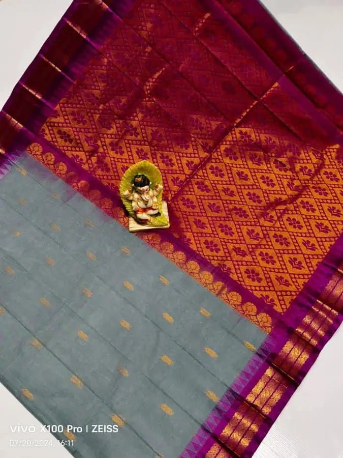 Cotton Gadwal Grey Saree, Festive with Purple - Saree - Aakritee - S10535