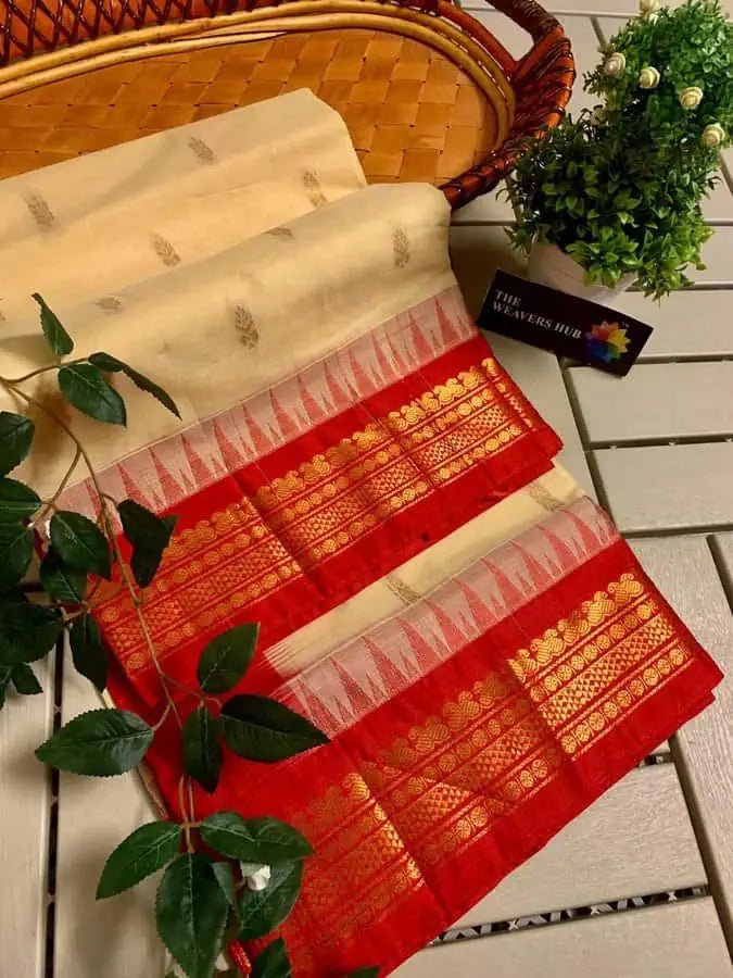 Cotton Gadwal Offwhite Saree Festive with Red - Saree - Aakritee - S10536