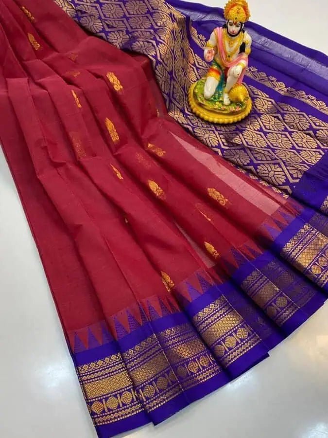 Cotton Gadwal Red Blue Saree, Festive - Saree - Aakritee - S10532