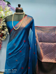 Cotton Handloom Jamdani Turquoise Festive Copper Zari Saree S10497 - Saree - Aakritee - S10497