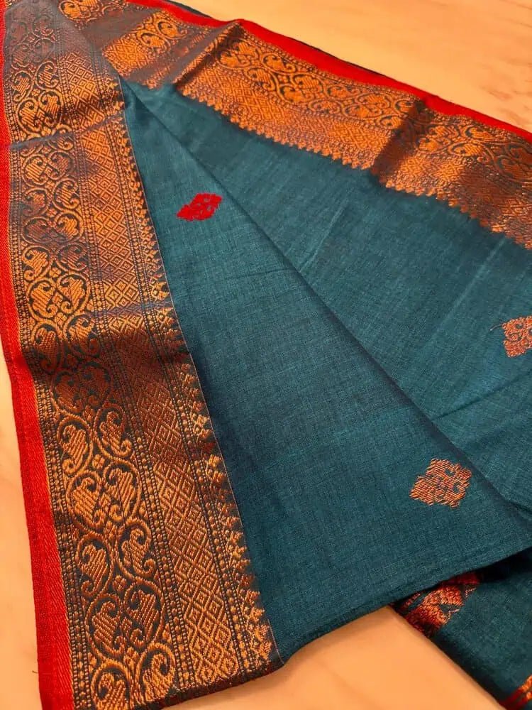 Cotton Handloom Jamdani Turquoise Festive Copper Zari Saree S10497 - Saree - Aakritee - S10497