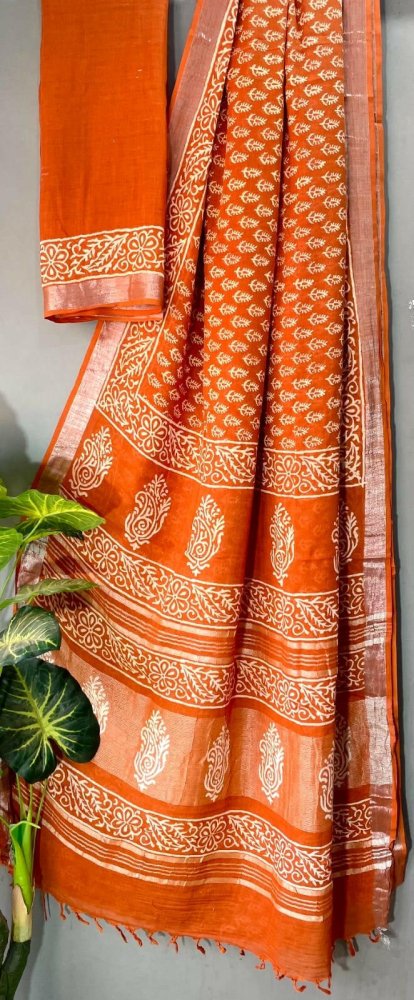 Cotton Saree - Linen slub, Print (S0003) - Aakritee - 