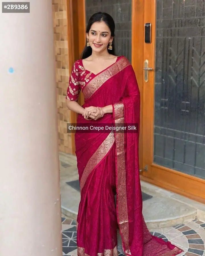Dark Red Chinnon Silk Saree, Festive Party Wear Elegance - Saree - Aakritee - S10676