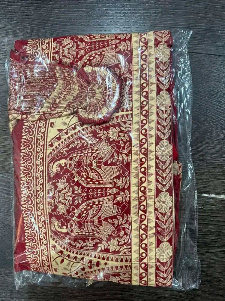 Dhoti Raw Silk Maroon Body Beige Border Madhubani Festive Ready To Wear Durga Pujo D0024 - Dhoti - Aakritee - D0024