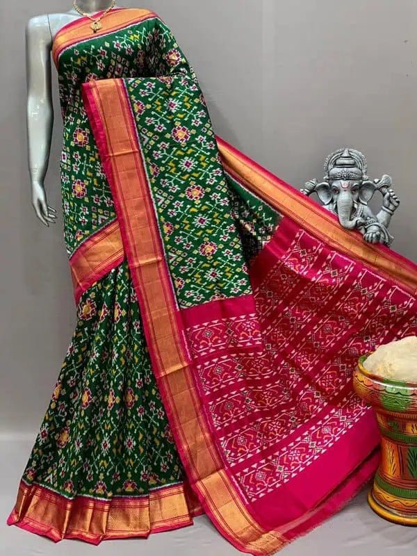 Exclusive Ikkat Pochampally Silk Saree in Green Magenta - Saree - Aakritee - S10639