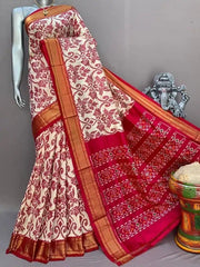 Exclusive Ikkat Pochampally Silk Saree in Pinkish Red - Saree - Aakritee - S10640