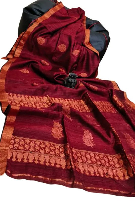 Exclusive Matka Saree, Copper Zaiei, Maroon, Festive Indian Wear - Saree - Aakritee - S10582