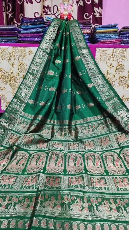 Exclusive Swarnachuri Bishnupuri Silk Saree in Green - Saree - Aakritee - S10642