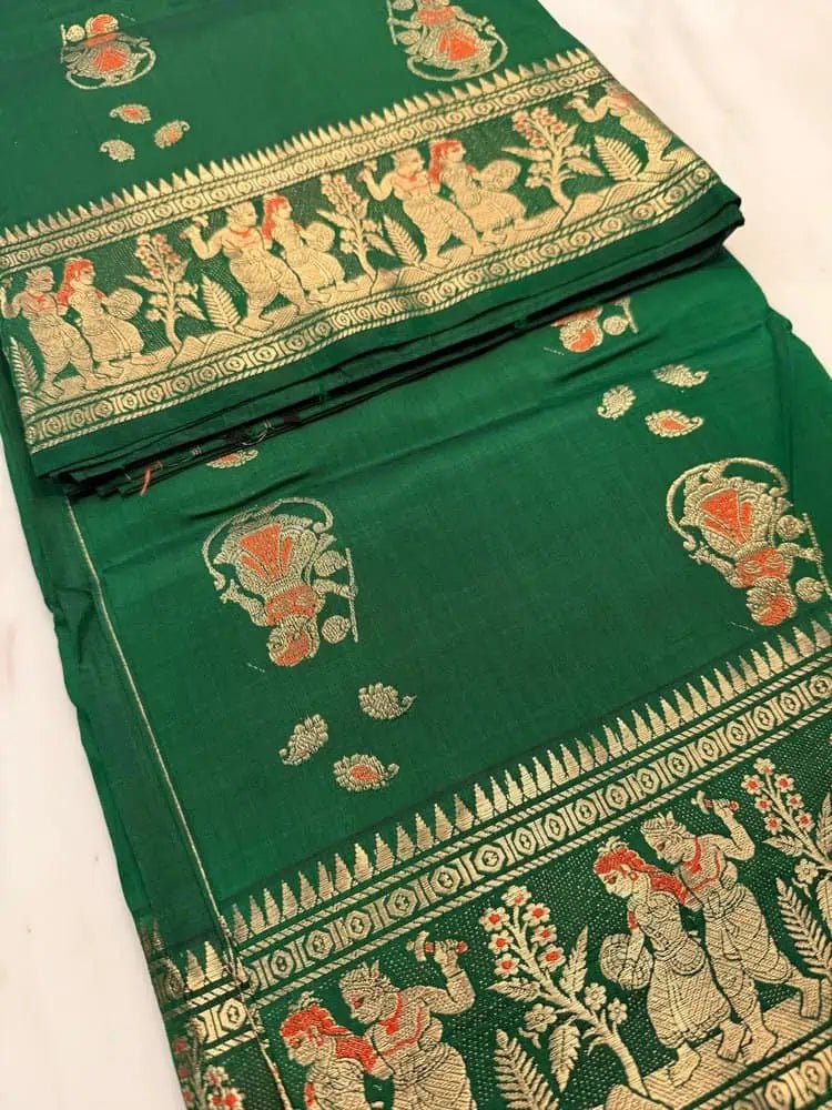 Exclusive Swarnachuri Bishnupuri Silk Saree in Green - Saree - Aakritee - S10642