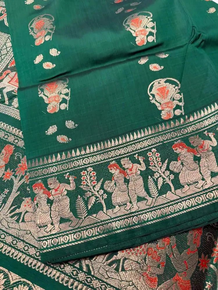 Exclusive Swarnachuri Bishnupuri Silk Saree in Green - Saree - Aakritee - S10642