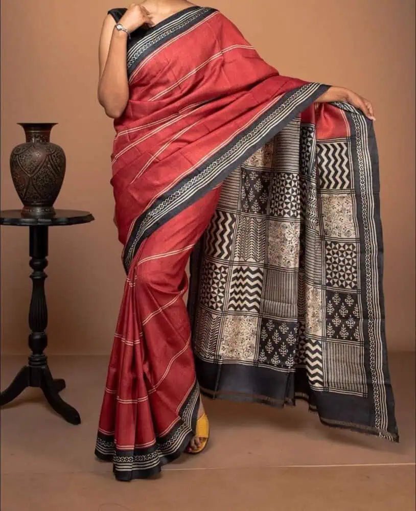 Firebrick Tussar Saree - Saree Pure Desi Tussar Hand Block Print Festive Diwali Pujo Edit Firebrick S11119 - Saree - Aakritee - S11119