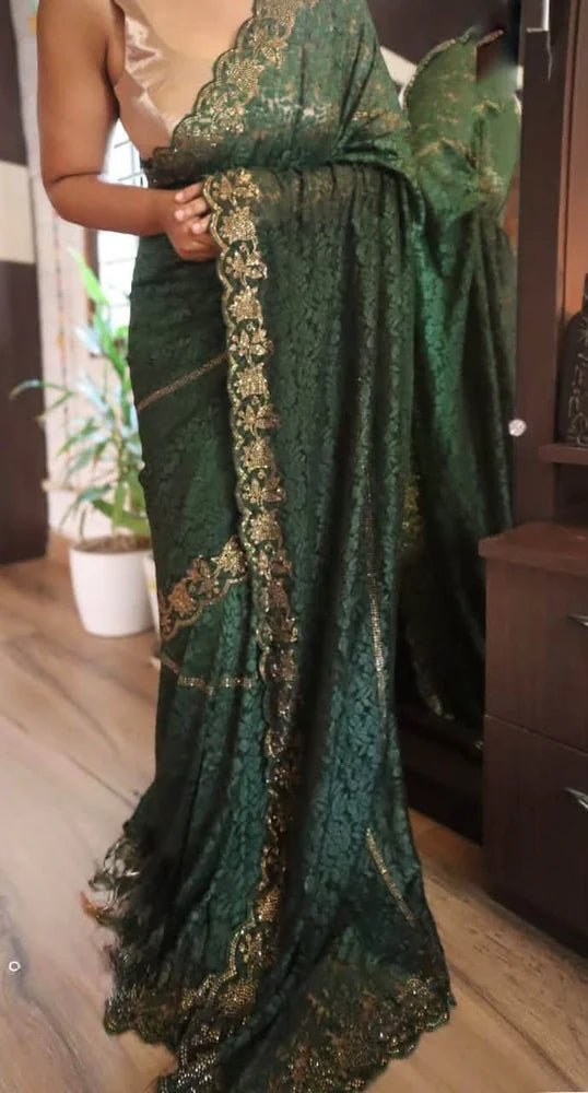 Forest Green Designer Lace Saree - Saree Lace Party Wear Designer Forest Green Diwali S11276 - Saree - Aakritee - S11276