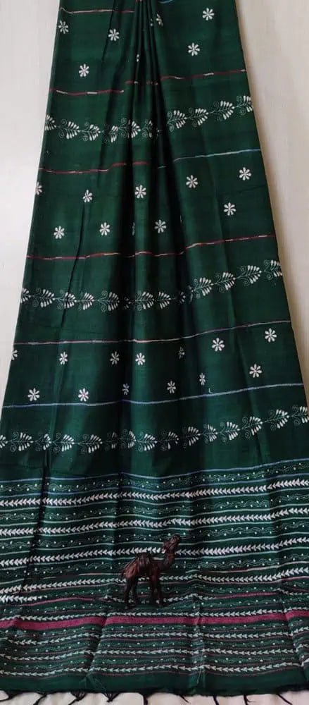 Green Handloom Kantha Embroidery Saree, Festive - S10396 - Saree - Aakritee - S10396