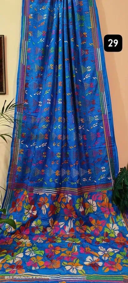 Hand Kantha Blue Saree, Festive Bangalore Silk - Saree - Aakritee - S10510