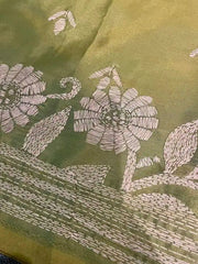 Hand Kantha Pistachio Green Saree, Festive Bangalore Silk - Saree - Aakritee - S10503