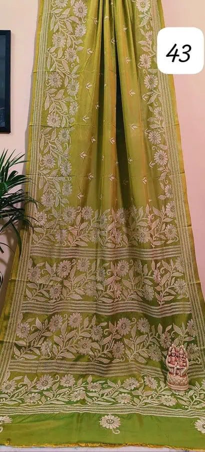 Hand Kantha Pistachio Green Saree, Festive Bangalore Silk - Saree - Aakritee - S10503