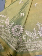 Hand Kantha Pistachio Green Saree, Festive Bangalore Silk - Saree - Aakritee - S10503