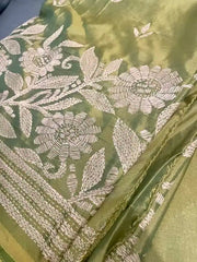 Hand Kantha Pistachio Green Saree, Festive Bangalore Silk - Saree - Aakritee - S10503