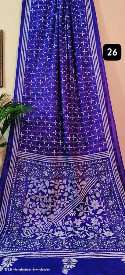 Hand Kantha Violet Saree, Festive Bangalore Silk - Saree - Aakritee - S10514