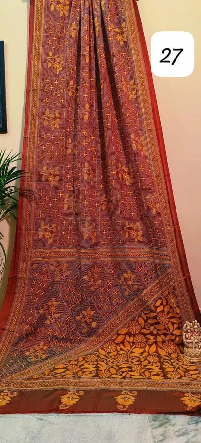 Hand Kantha Yellow Red Saree, Festive Bangalore Silk - Saree - Aakritee - S10504