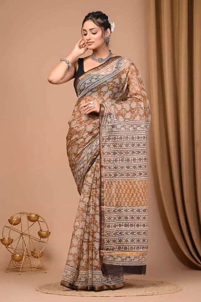 Handcrafted Kota Doriya Saree Ð Lightweight Brown Casual Wear - Saree - Aakritee - S10793